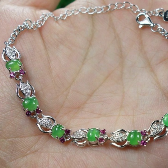 Certified Icy Green 100% Natural A jadeite Jade Bracelets S925 Silver 手链 - Picture 1 of 11